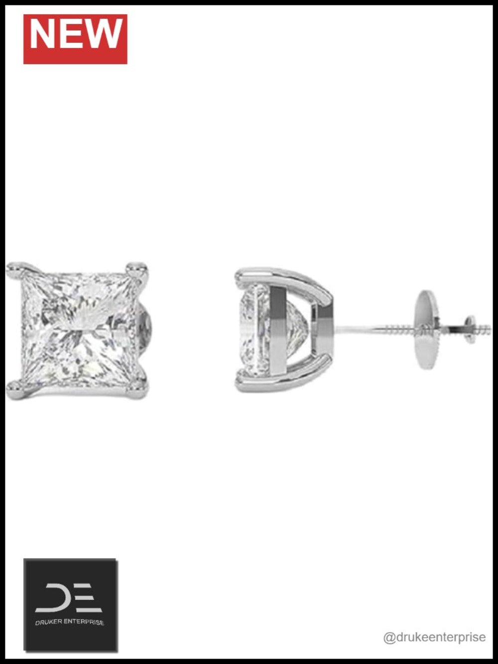 1 Ct Princess Cut Lab Grown Diamond Stud Earring 14k White Gold Screw Back